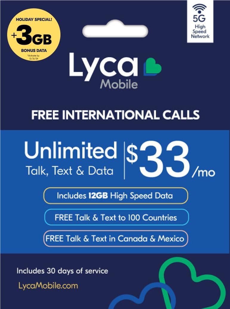 Lyca Mobile Prepaid 5G/4G SIM Card | $33 Plan | Unlimited Talk, Text & Data | 12GB High Speed Data