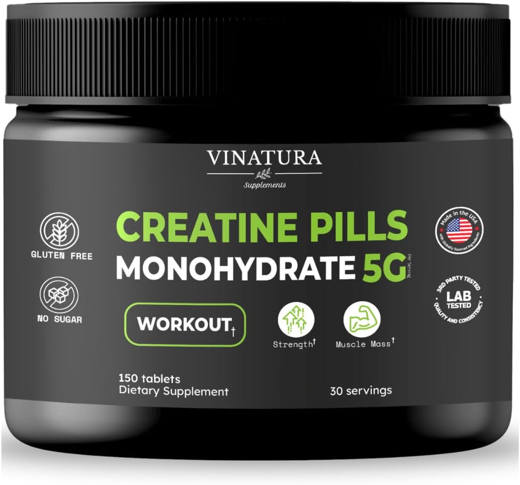 Creatine Monohydrate Pills 5g – creatine Tablets, creatine Pills for Men, Women, creatina en capsulas *USA Made & Tested* Unflavored, creatine monohydrate Powder alt, 150 Tablets 30 Servings