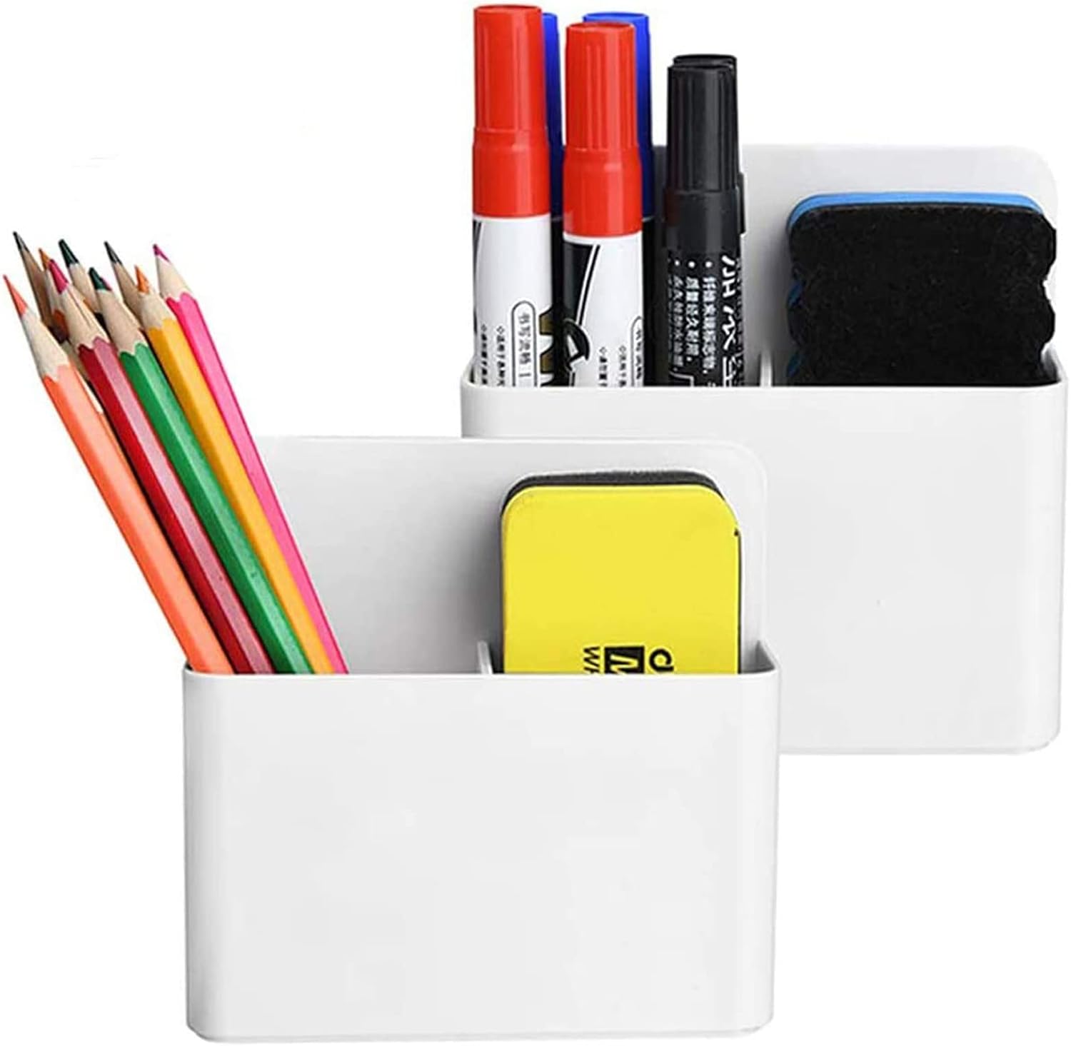 Magnetic Dry Erase Marker Holder,Pen and Eraser Holder for Whiteboard，Magnet Pencil Cup Utility Storage Organizer for Office, Refrigerator, Locker and Metal Cabinets (2 Pack)