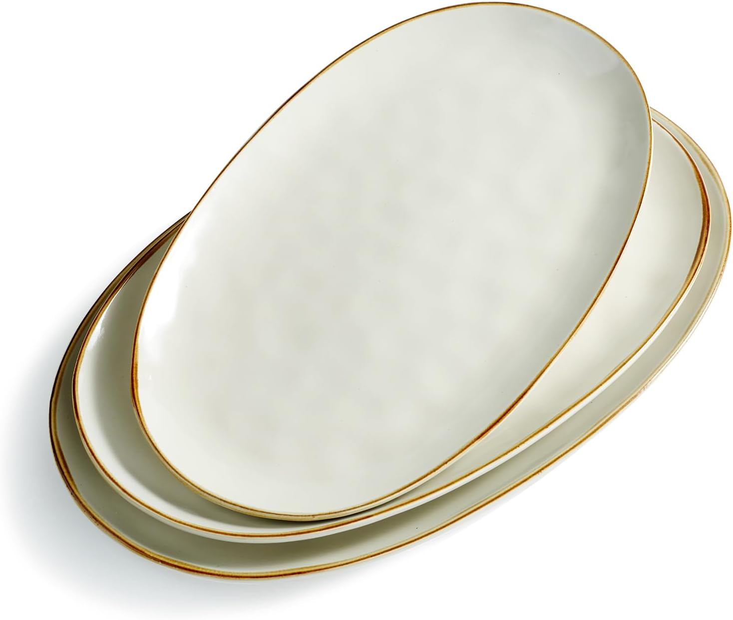 famiware Serving Platter, Oval 15.59/14.3/12.9 inch Serving Dishes for Entertaining, Serving Bowls, Microwave Safe, Stonware Serving Trays for Party, Turkey, Cheese, Ocean Series, Vanilla White