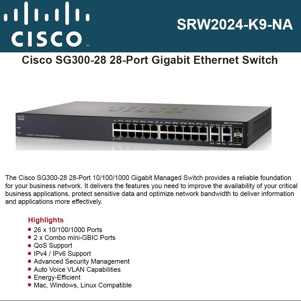 Cisco SG300-28 28-Port Gigabit Managed Switch 26 x 10/100/1000 + 2 x Gigabit SFP (Certified Refurbished)