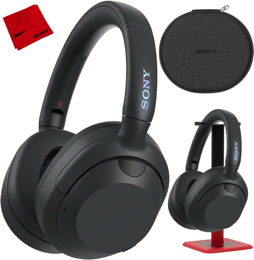 Sony ULT WEAR Noise Canceling Wireless Headphones with Alexa Built-in, Massive Bass Comfortable Design, Black WHULT900N/B Bundle with Pro Audio Headphone Stand + Microfiber Cloth