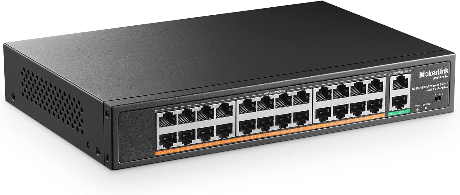 MokerLink 24 Port PoE Switch with 2 Gigabit Uplink Ethernet Port, 400W High Power, Support IEEE802.3af/at, Rackmount Unmanaged Plug and Play PoE+