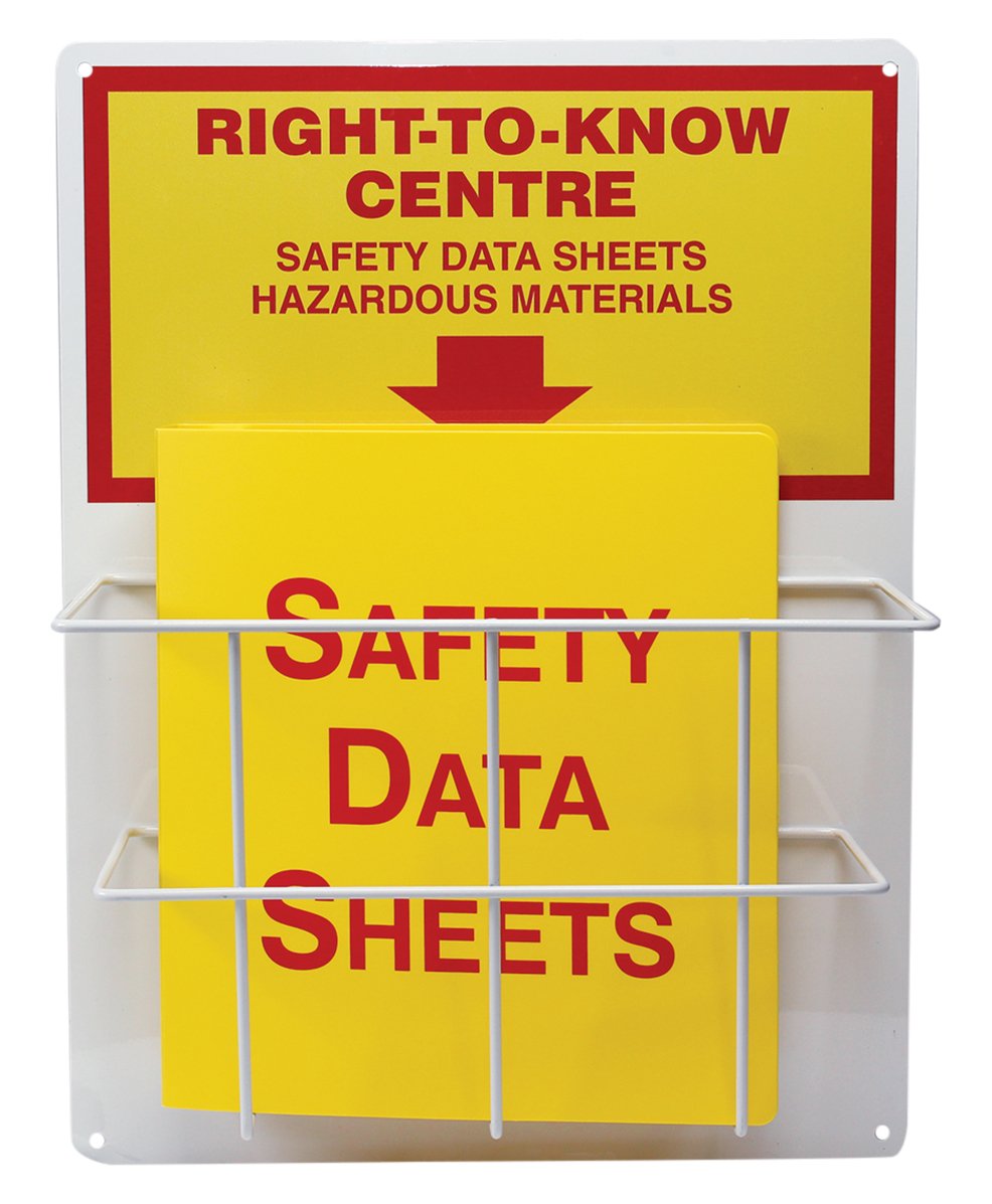 Accuform ZRS339 Right-to-Know Center, 0.063″ Thick Aluminum Board with (1) Coated Wire Basket, (1) 1-1/2″ Safety Data Sheets 3-Ring Binder Included, 20″ Length x 15″ Width, Red/Yellow on White