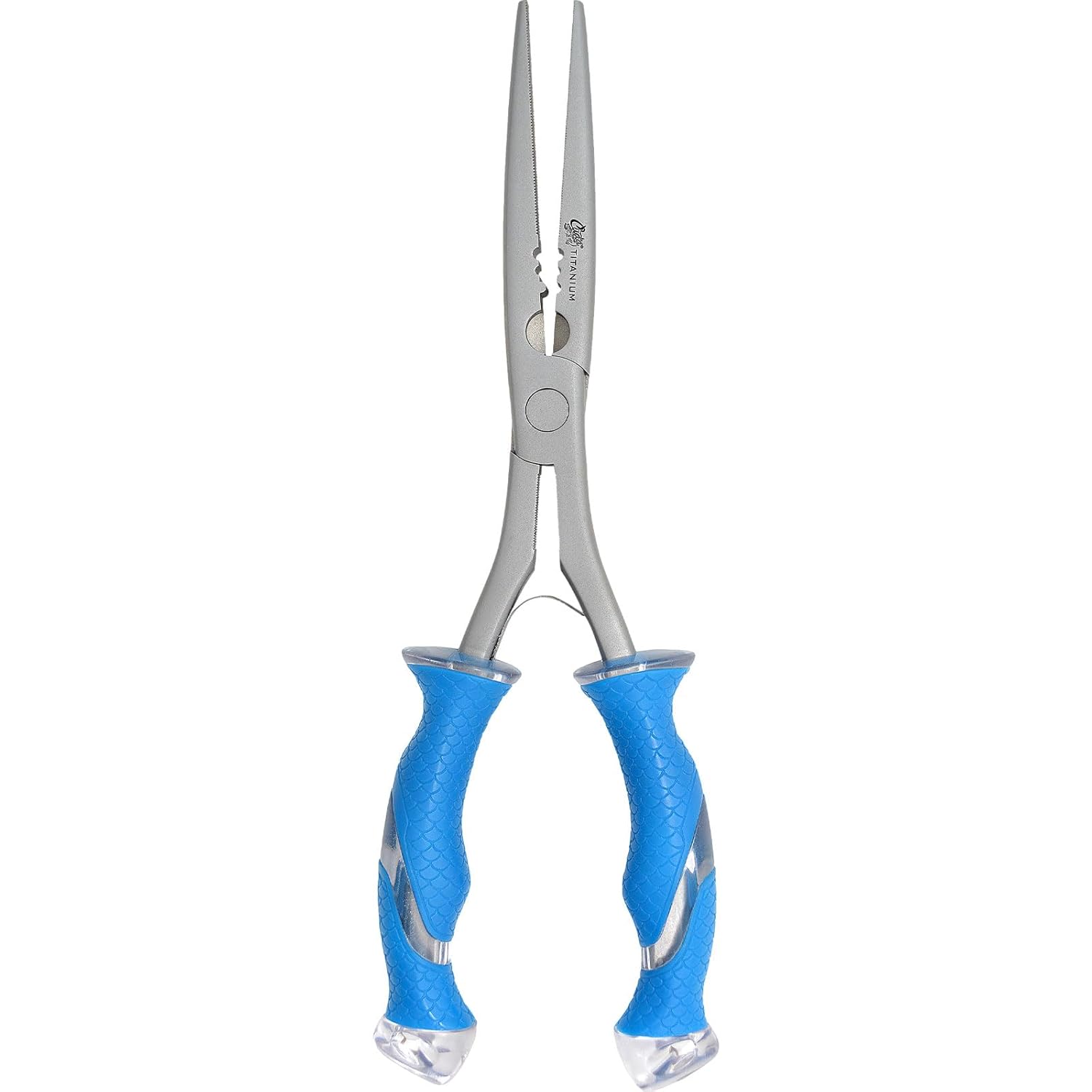 Cuda Long Needle Nose Pliers with Integrated Crimper and Titanium, Fluorocarbon and Mono Cutters, Blue, 10.25-Inch, (18113)