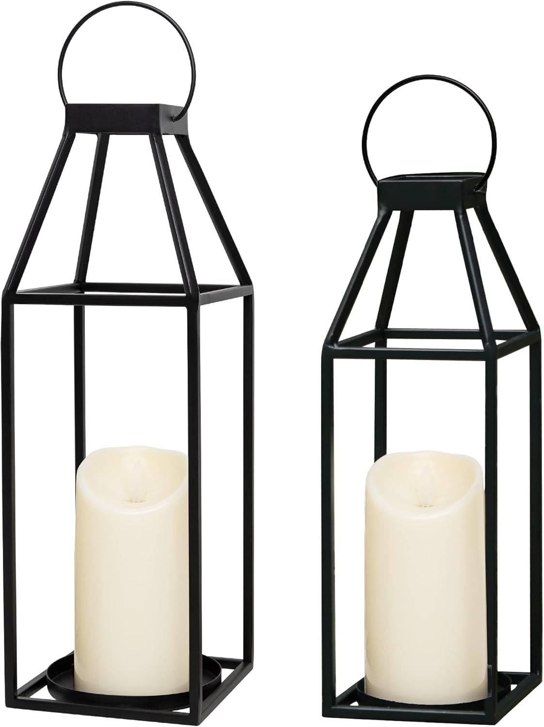 HPC Decor Black Metal Candle Lanterns Set of 2- Lanterns Decorative with Flickering Timer Candles- 17.4” & 15” Rustic Farmhouse Lanterns Candle Holder for Indoor, Outdoor, Tabletop (No Glass)