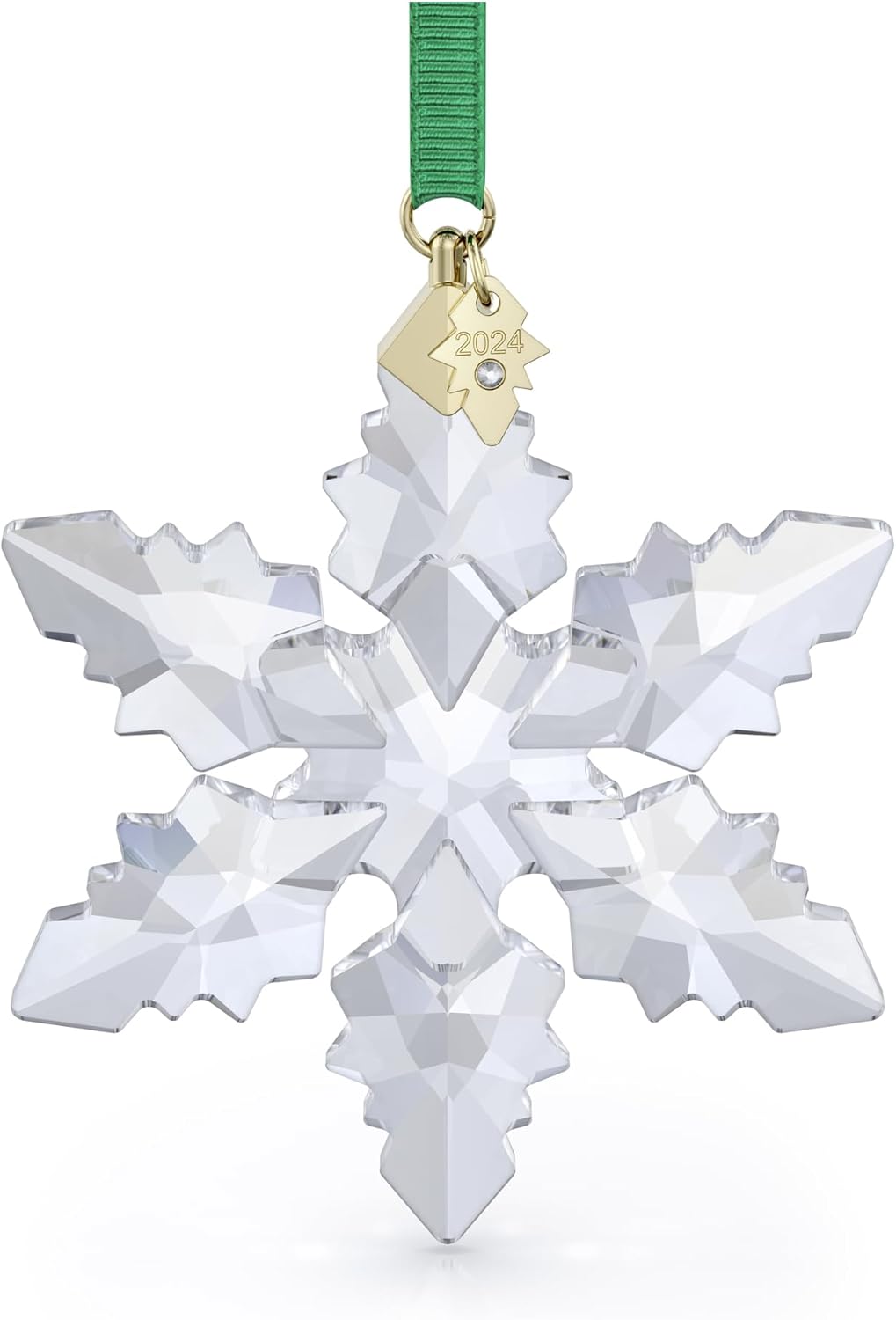 Swarovski Annual Edition 2024 Snowflake Ornament, Clear Faceted Crystal with Gold-Tone Metal Accents and Green Rayon Ribbon, Part of The Annual Edition Collection