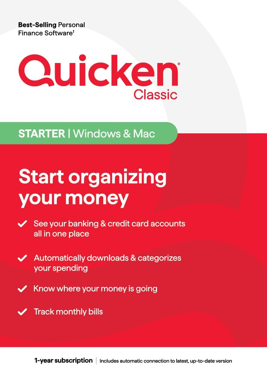 Quicken Classic Starter, Personal Finance Software – Start organizing your money – 1 Year Subscription (Windows/Mac) [Key Card]