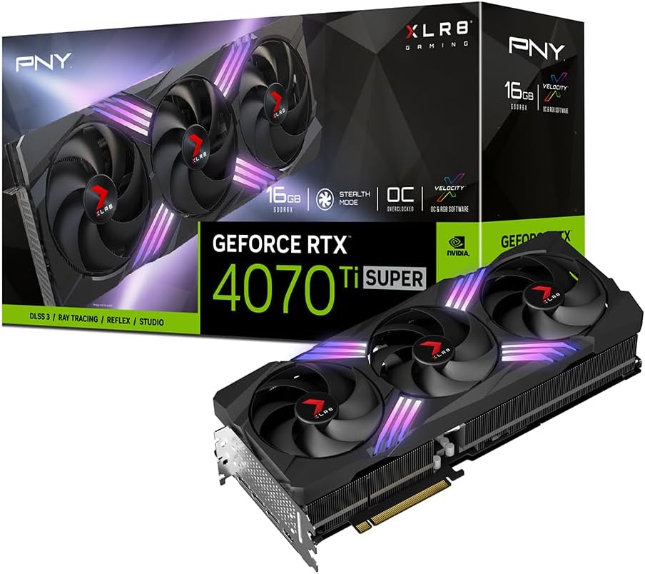 PNY GeForce RTX 4070 Ti Super 16GB XLR8 Gaming Verto Epic-X RGB OC Triple Fan Graphics Card DLSS 3 (ARGB, 256-bit, GDDR6X, PCIe 4.0, HDMI/DisplayPort, incl. Adapter & Support Bracket, 3.3 Slot)