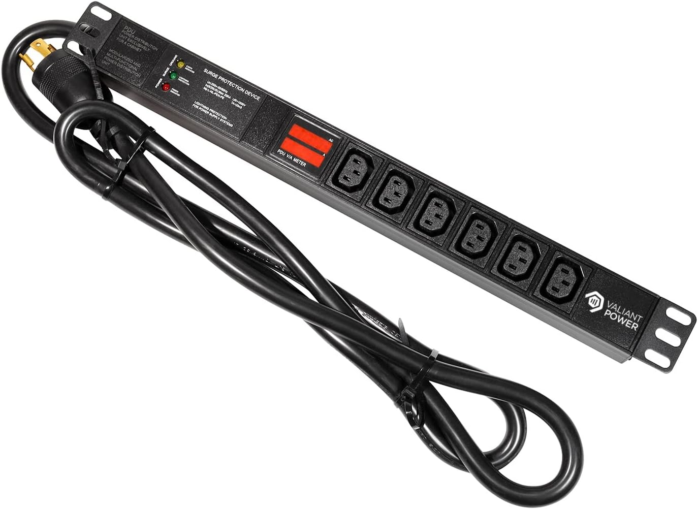 Rack Mount Power Strip – 240V 30A Single Phase PDU with Built-in Surge Protector, Volt & Amp Meter for Data Center – 19” Metal Housing, Ears & Fittings Included, 6’ Cable, 6 Outlets