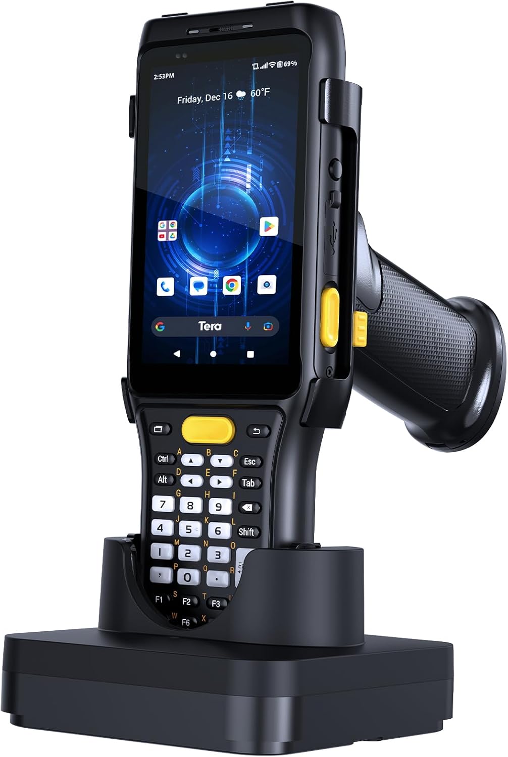 Tera Pro Android Barcode Scanner: 37 Keys Zebra SE4750MR Scan-Range 13FT Qualcomm CPU 6700mAh with Hot-swap Android 11 1D 2D QR Handheld PDA Charging Cradle Pistol Grip 4G BT 5.0 Wi-Fi GPS P161