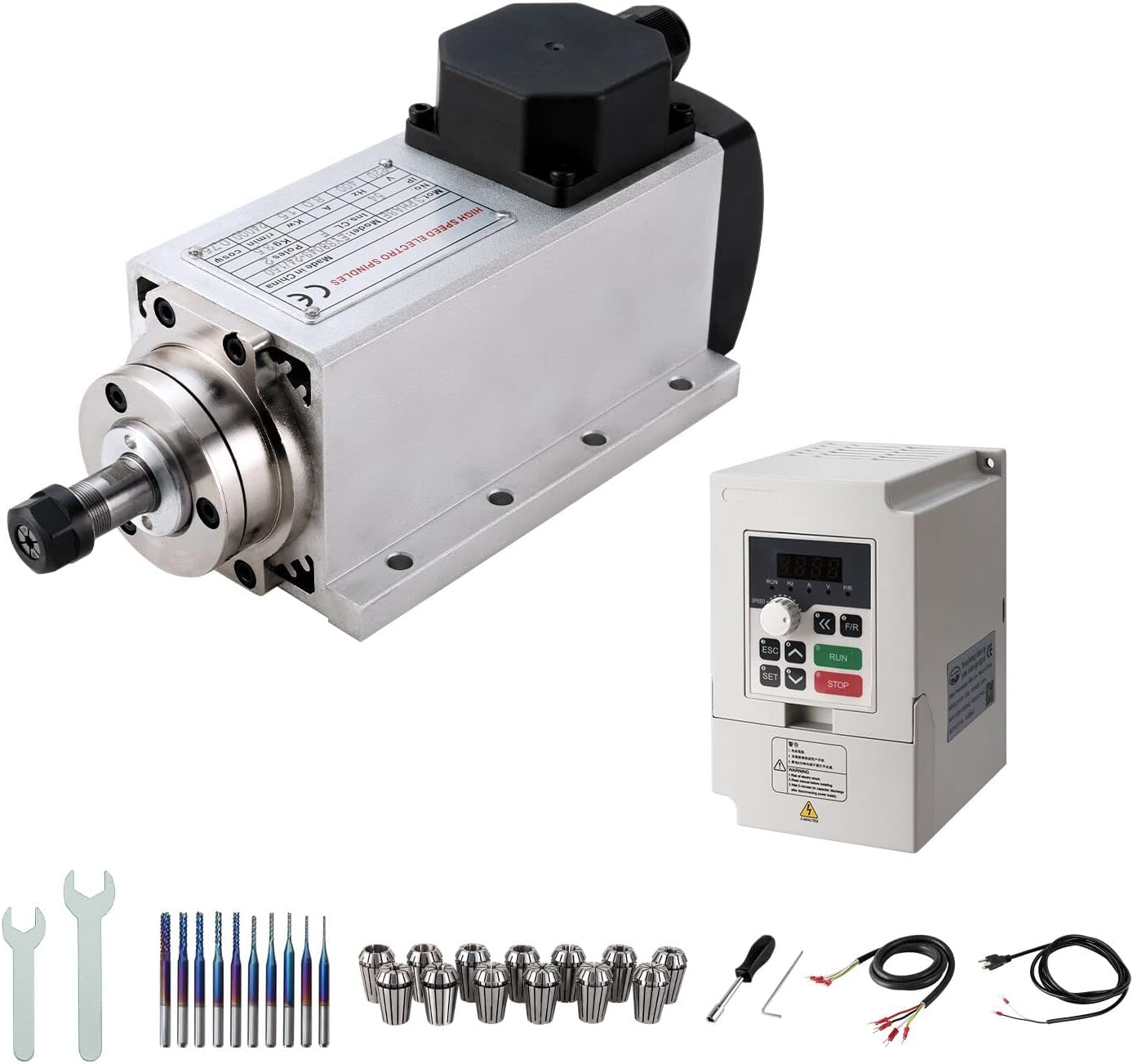 CNC Spindle Motor Kits,220V 1.5KW ER11 Square Air Cooled Spindle Motor CNC Spindle CNC Motor + 220V 1.5KW VFD + Collets Set ER11+ Wires + Drill Bits+Wrenches for CNC Router Machine