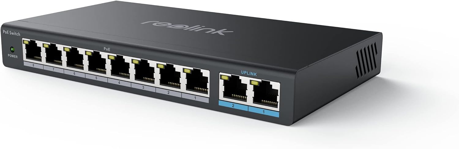 Reolink PoE Switch with 8 PoE Ports, 2 Gigabit Uplink Ports, 120W for All PoE Ports, Ideal for Reolink RLN36 NVR and Reolink PoE IP Cameras, IEEE802.3af/at, Metal Casing, Desktop/Wall Mount, RLA-PS1