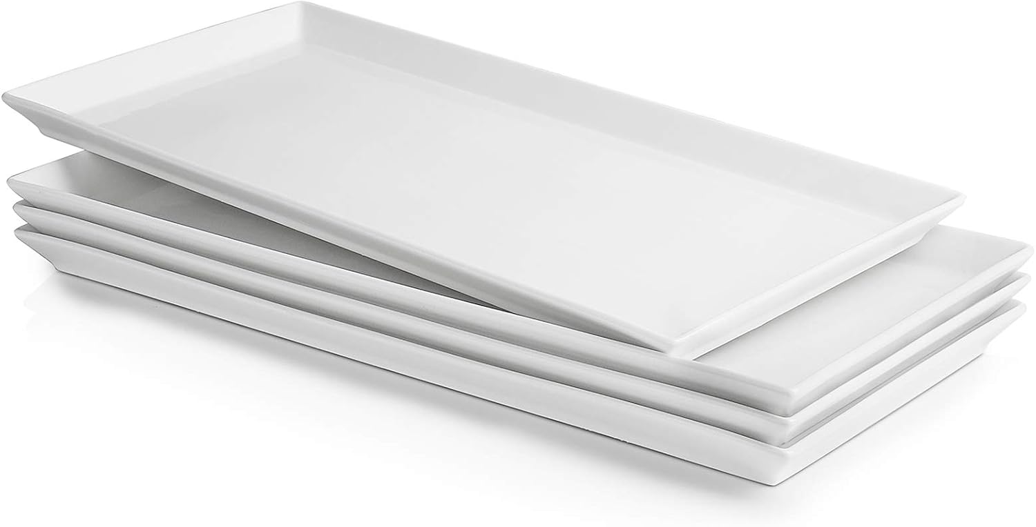 Sweese White Serving Platters, Porcelain Serving Trays for Parties, Large Rectangular Plates – 15.5 Inch, Set of 4