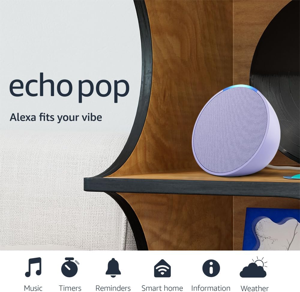 Amazon Echo Pop (newest model), Our smallest Alexa speaker, Fits in any room, Lavender Bloom