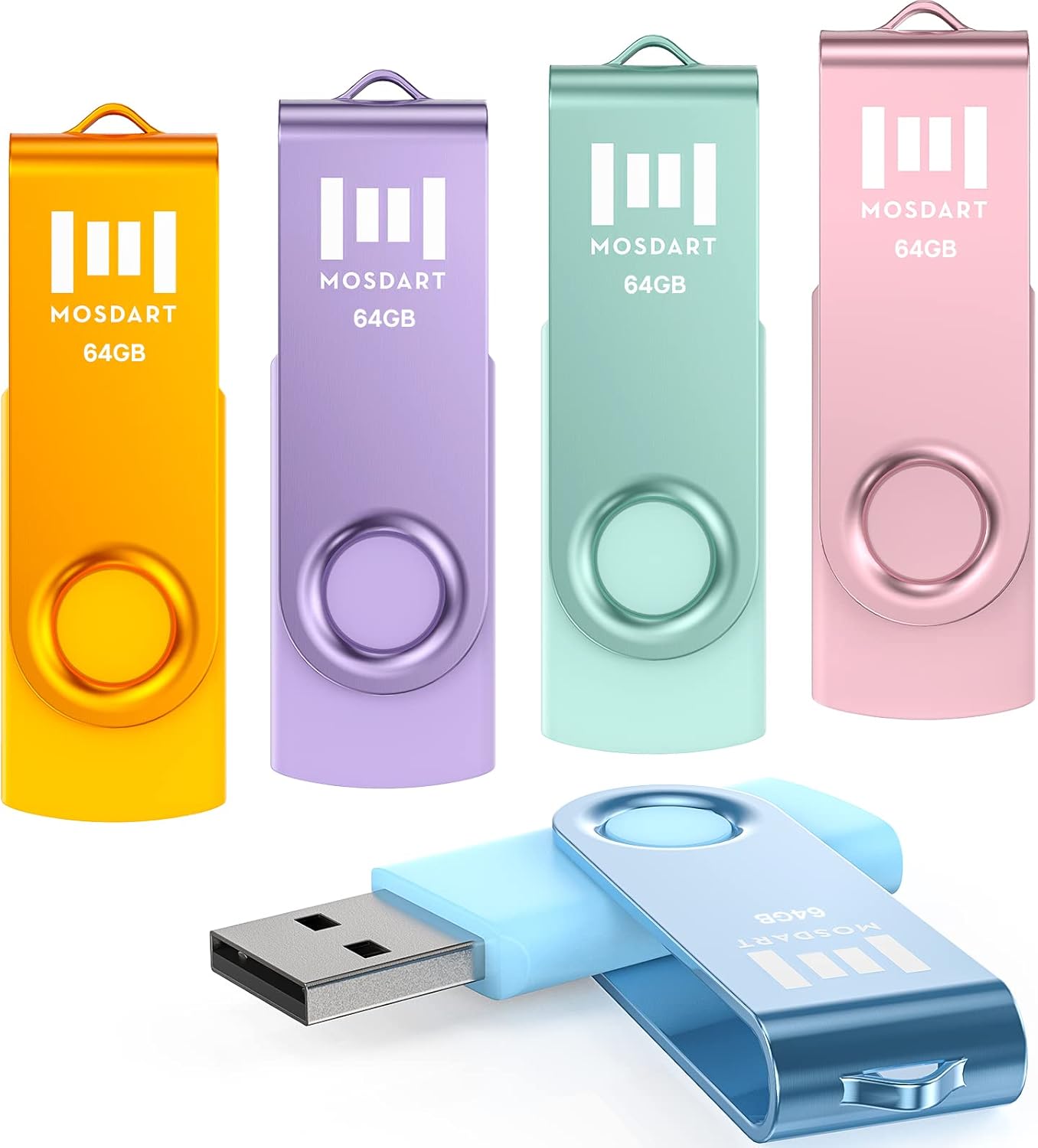 MOSDART 64GB USB Flash Drive 5 Pack, 64 GB Pastel Multicolor Multipack USB2.0 Thumb Drives, Swivel Design with LED Light, exFAT Jump Drive Memory Stick Pen Drive for Computers, Data Storage