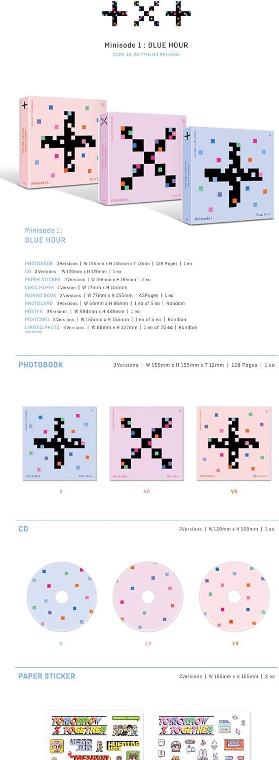 TXT Minisode 1 : Blue Hour 3rd Mini Album AR Version CD+128p PhotoBook+2p Sticker+Lyric Paper+43p Behind Book+1p PhotoCard+1p PostCard+Tracking Sealed