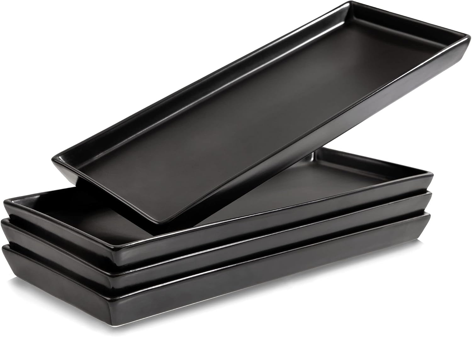 Matte Black Ceramic Serving Platters (14 x 6 Inch Rectangle Plates) Serving Dishes for Entertaining, Food, Appetizers, Desserts, Cheese Board, Charcuterie, Sushi – Set of 4 Party Trays