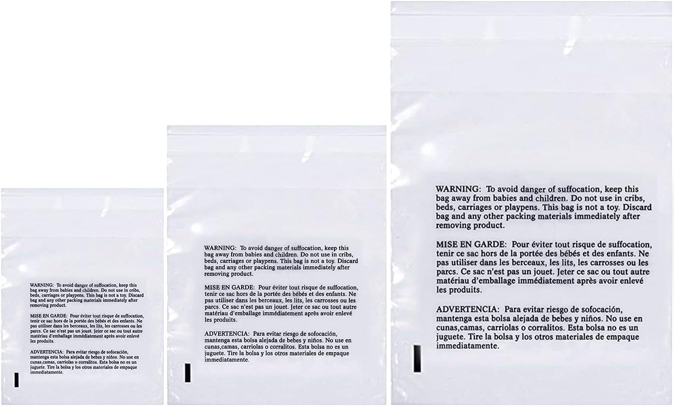 Poly Bags with Suffocation Warning 9×12″, 11×14″, 14×20″ – Large Combo Pack of 300 (100 each size) – Clear Poly Bags by Retail Supply Co – Resealable