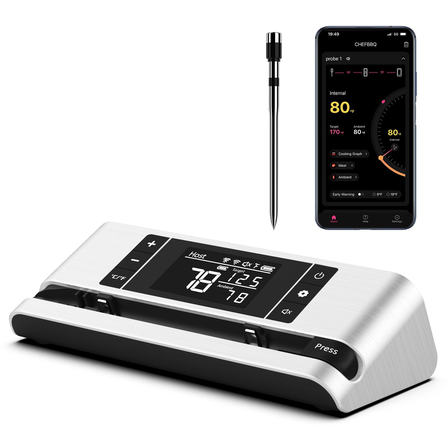 Wireless Smart Meat Thermometer with Dual-Sensor Probe, 500FT Remote Monitoring, Dedicated App, Real-Time Ambient and Food Temperature Tracking for Precise Cooking Control