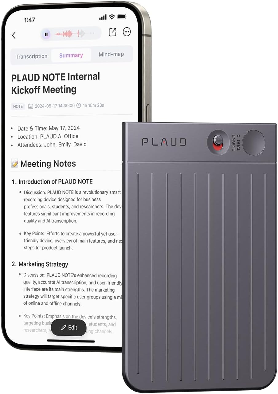 AI Voice Recorder, PLAUD Note Voice Recorder w/Case, App Control, Transcribe & Summarize Empowered by ChatGPT, Support 59 Languages, 64GB Memory, Audio Recorder for Lectures, Meetings, Calls, Black