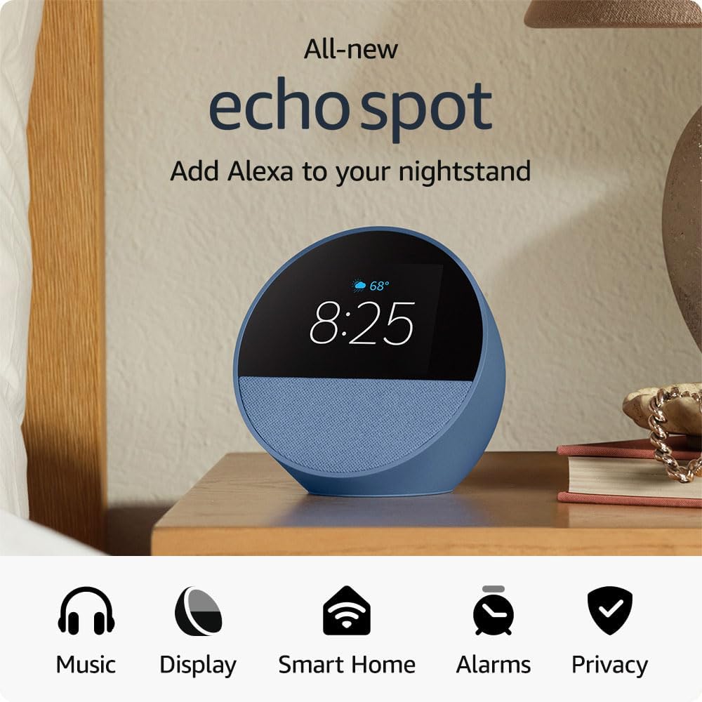 All-new Amazon Echo Spot (2024 release), Great for nightstands, offices and kitchens, Smart alarm clock with Alexa, Ocean Blue