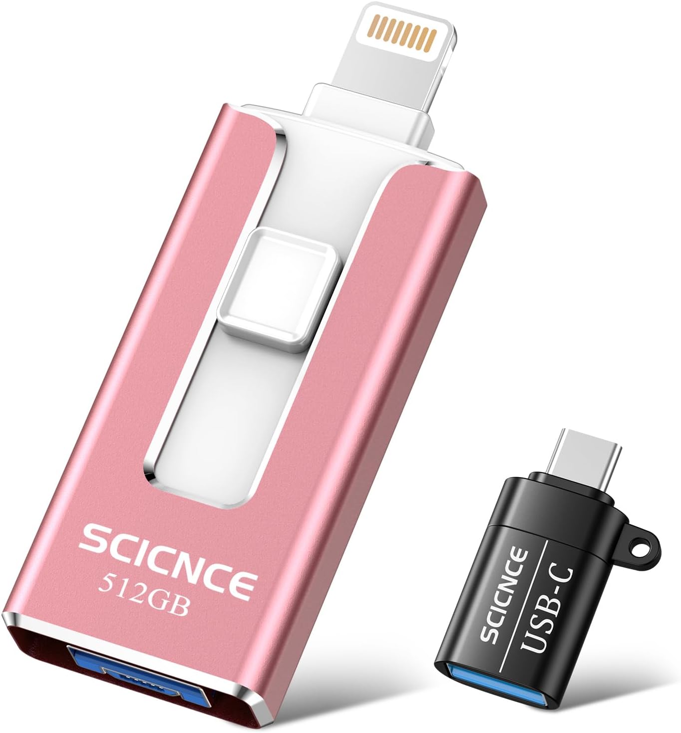 SCICNCE 512GB Photo Stick for Phone, 4 in 1 USB Photo Memory Stick Flash Drives with USB C Adapter External Storage Drive for iPhone iPad Android Phone Computer (Light Pink)