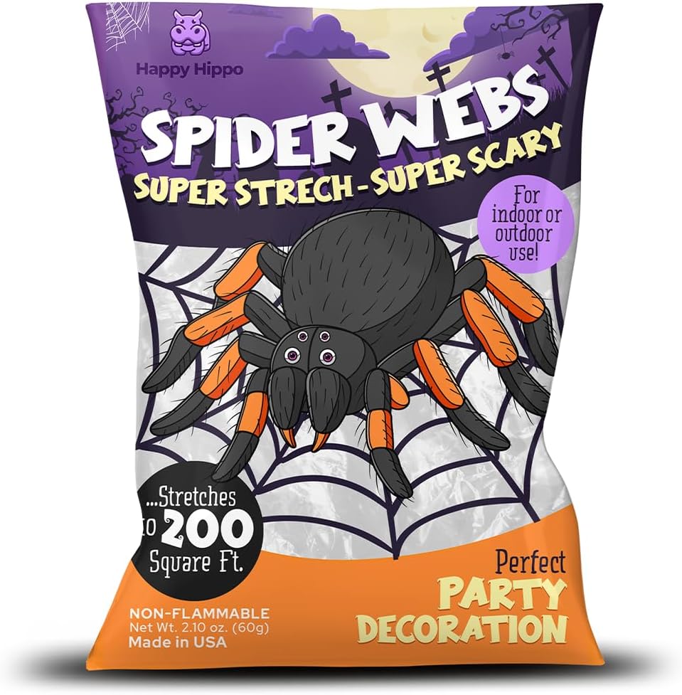 Happy Hippo Halloween Spider Web Decoration, Plastic Spiders, Party Supplies, Spider Webs (Small, 200 Sq Feet)