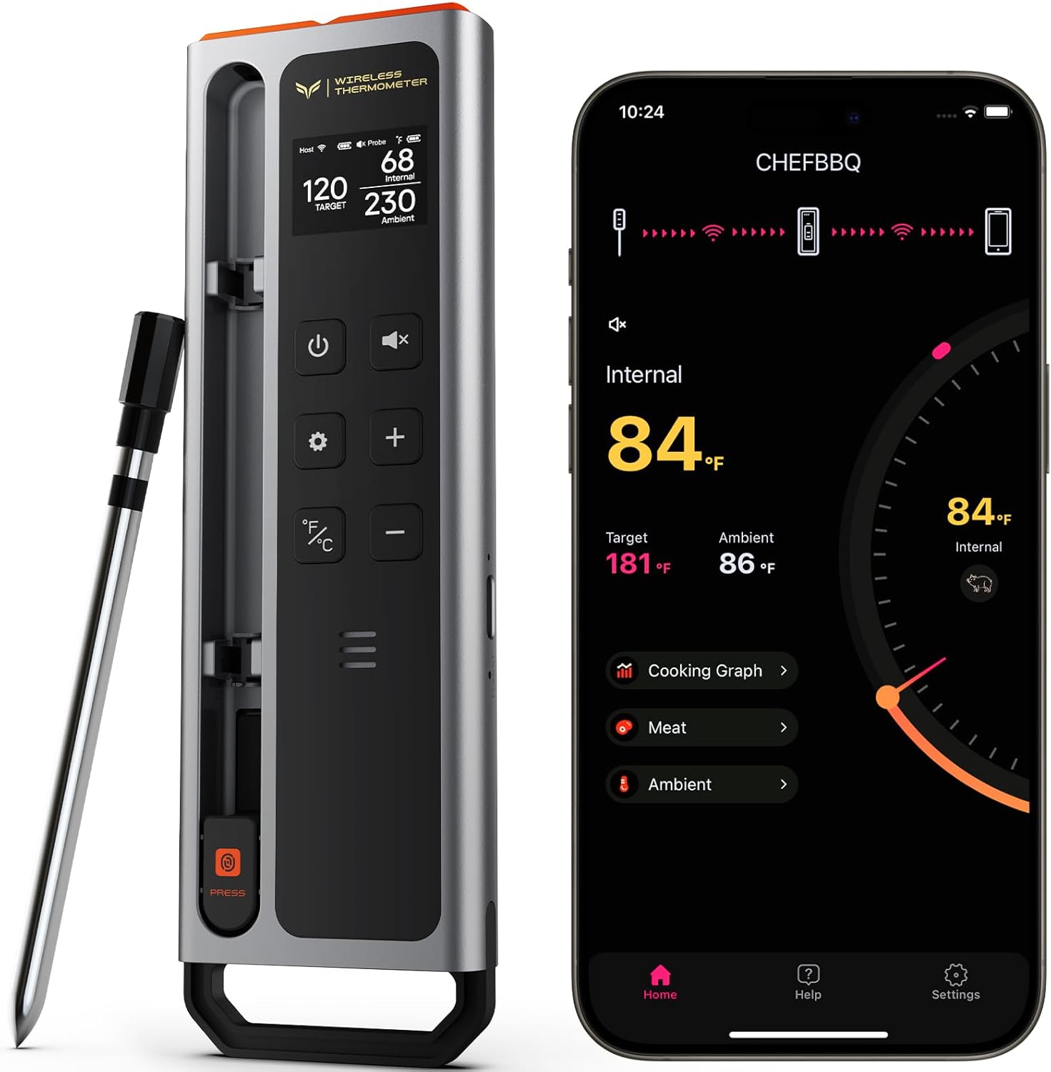 Meat Thermometer Digital Wireless, 800FT Long Range Bluetooth Cooking Thermometer, Food Thermometer for Remote Monitoring of Grill, Oven, Smoker, Air Fryer, Rotisserie, iOS & Android App