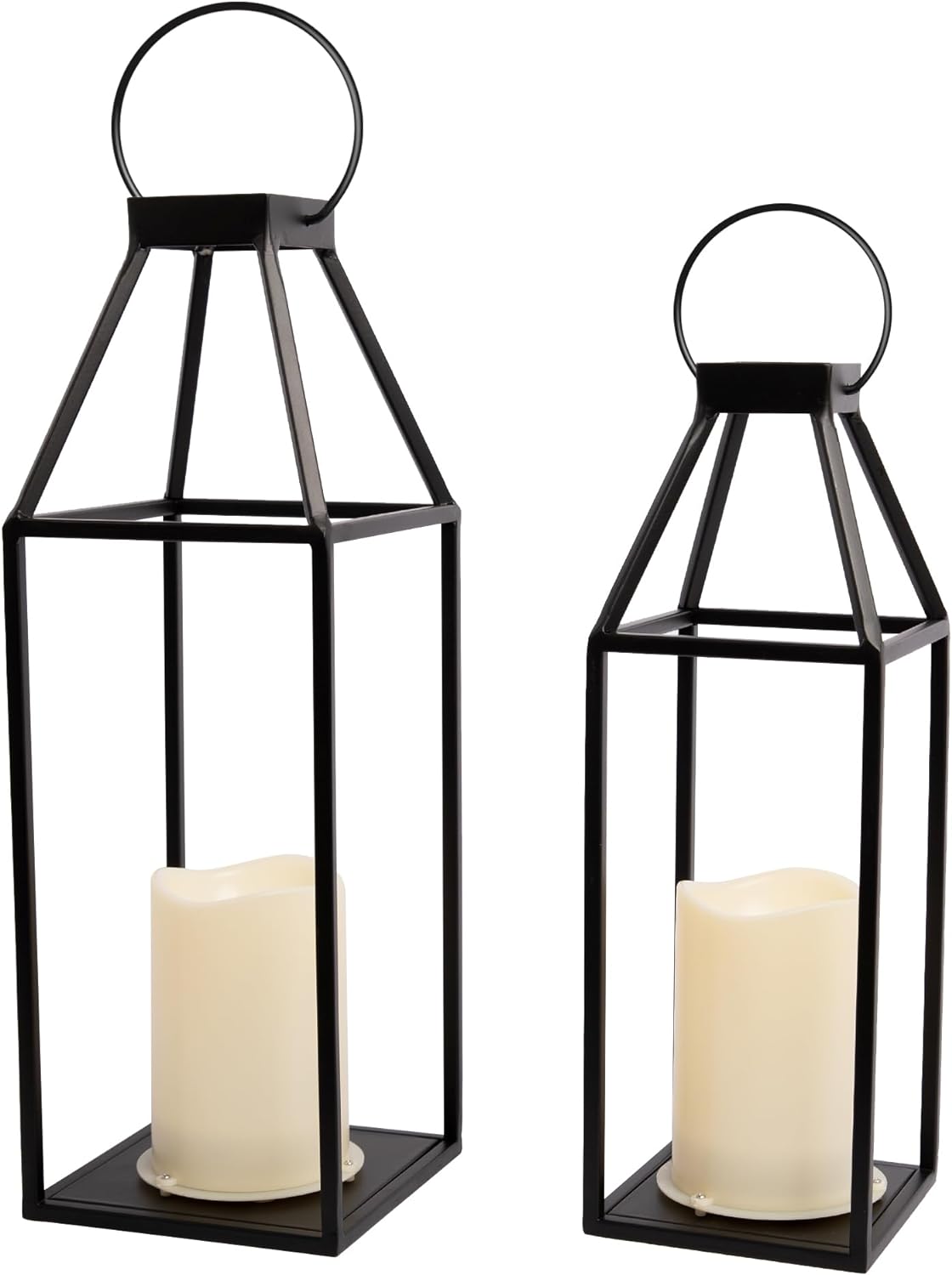 HPC Decor 2PCS Solar Lanterns for Outdoor Decor- 18in 15in Black Metal Candle Lanterns w/Waterproof Solar Powered Candles- Modern Farmhouse Hanging Lanterns Decor for Front Porch,Yard Garden Patio