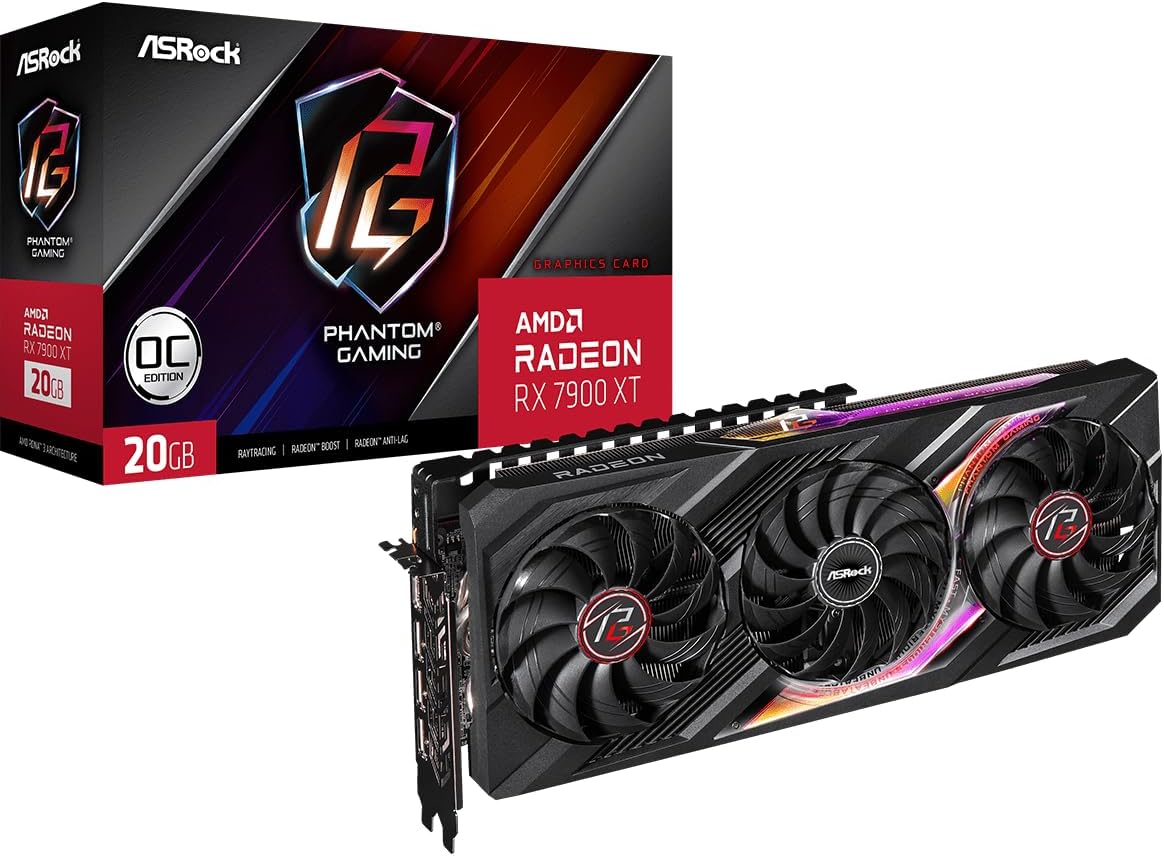 ASRock AMD Radeon RX 7900 XT Phantom Gaming 20GB OC Graphics Card 320 Bit 7680 x 4320 0dB Silent Cooling 3 x DisplayPort 2.1 GDDR6 1 x HDMI 2.1 20Gbps PCI Express 4.0