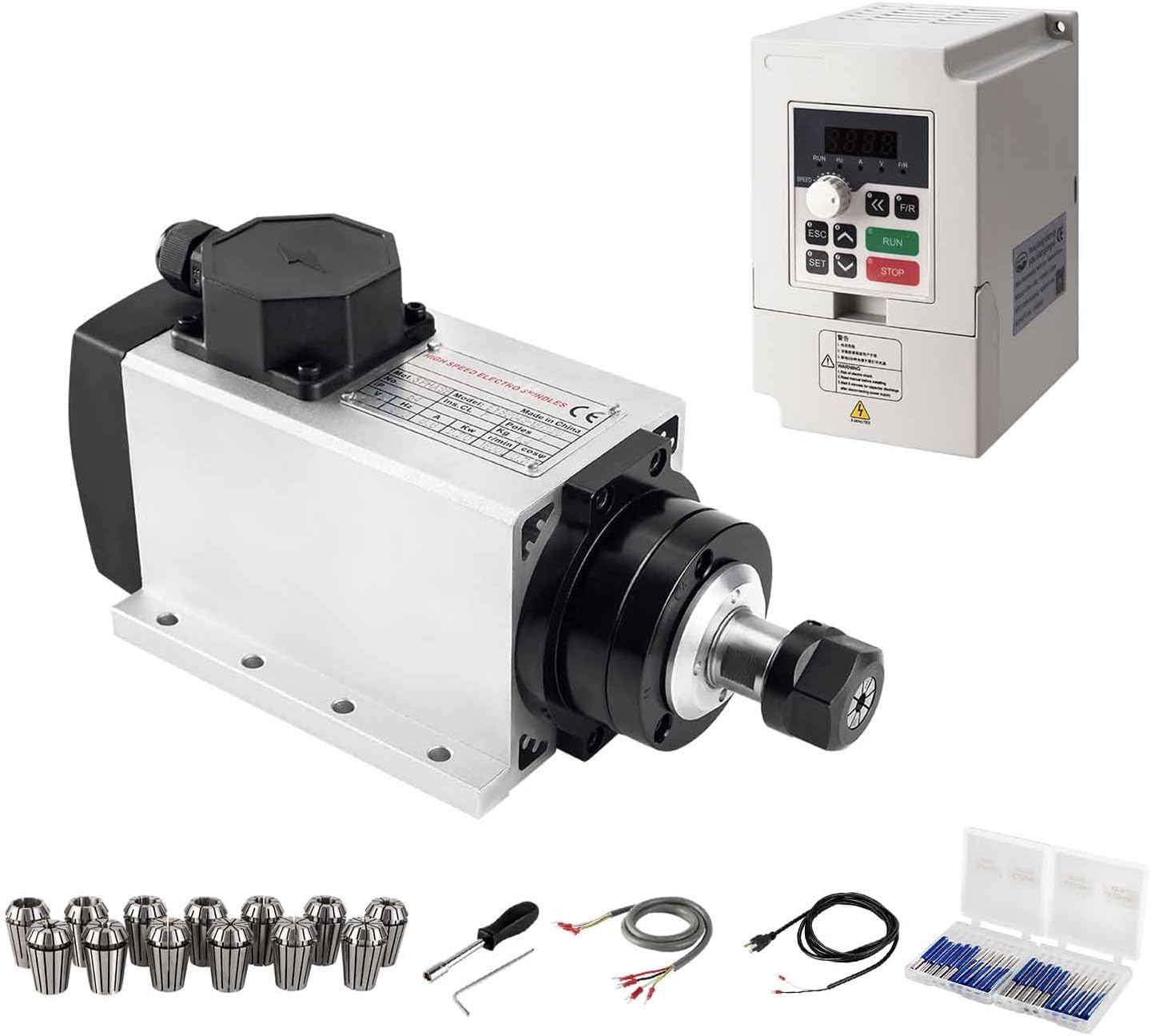 CNC Spindle Kits, 110V 2.2KW 2200W Air Cooled Spindle Motor Square CNC Spindle CNC Motor Spindle Motor + 2.2KW VFD + 13pcs ER20 Collets + Aviation Wire +Power Wire + Drill Bits