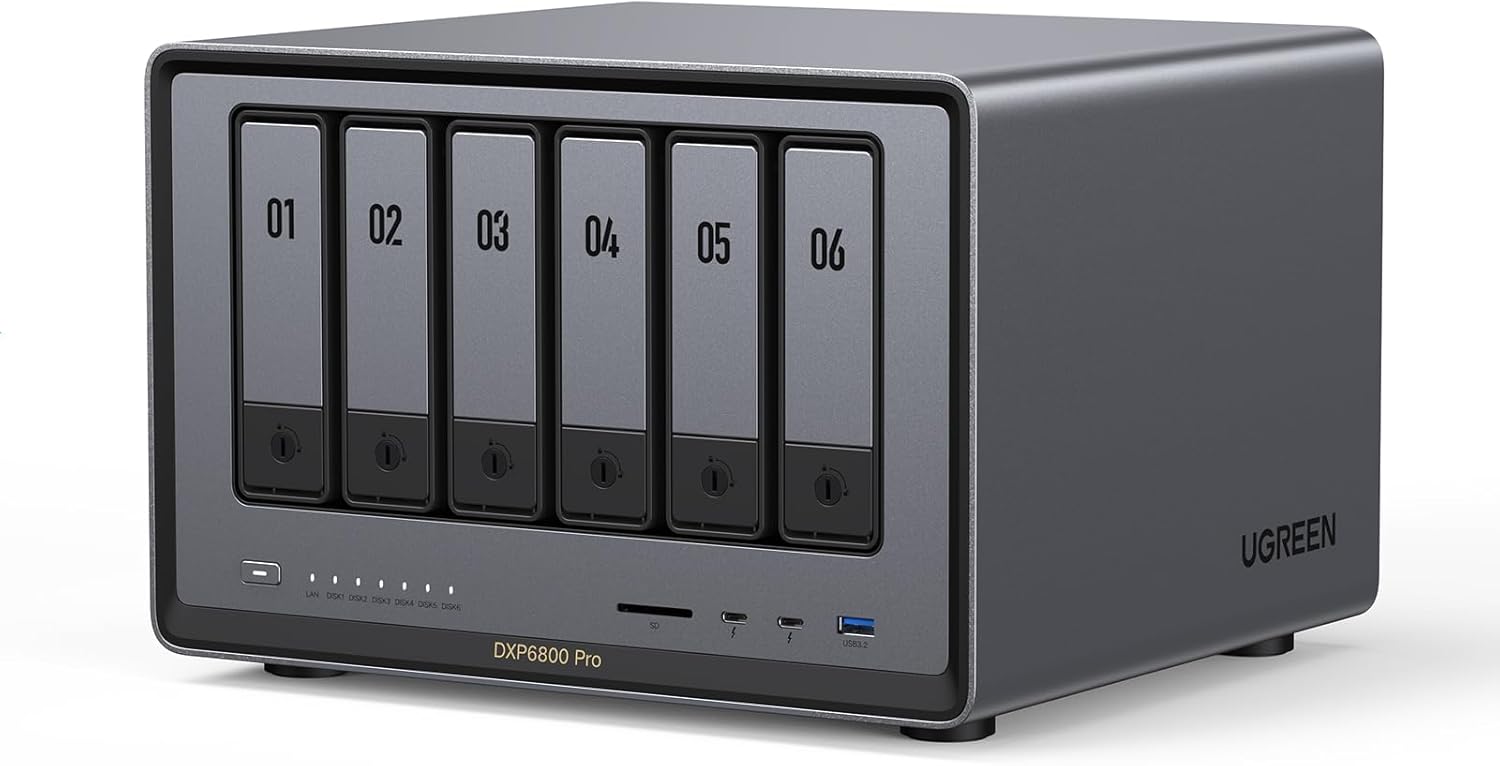 UGREEN NASync DXP6800 Pro 6-Bay Desktop NAS, Intel i5 1235u 10-Core CPU, 8GB DDR5 RAM, 128G SSD, 2 * 10GbE, 2 * M.2 NVMe Slots, 8K HDMI, 2 * TBT4, Network Attached Storage (Diskless)