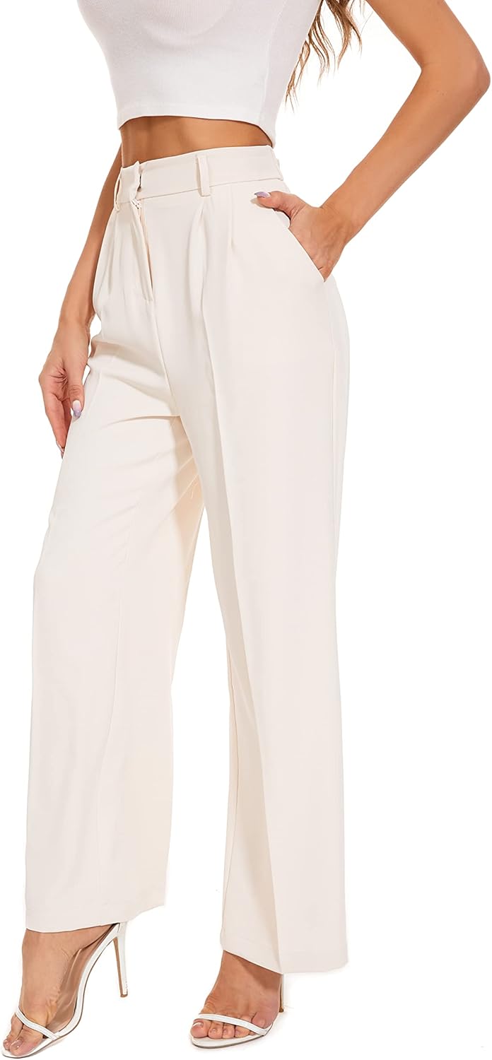 FUNYYZO Women’s Wide Leg Pants High Elastic Waisted in The Back Business Work Trousers Long Straight Suit Pants