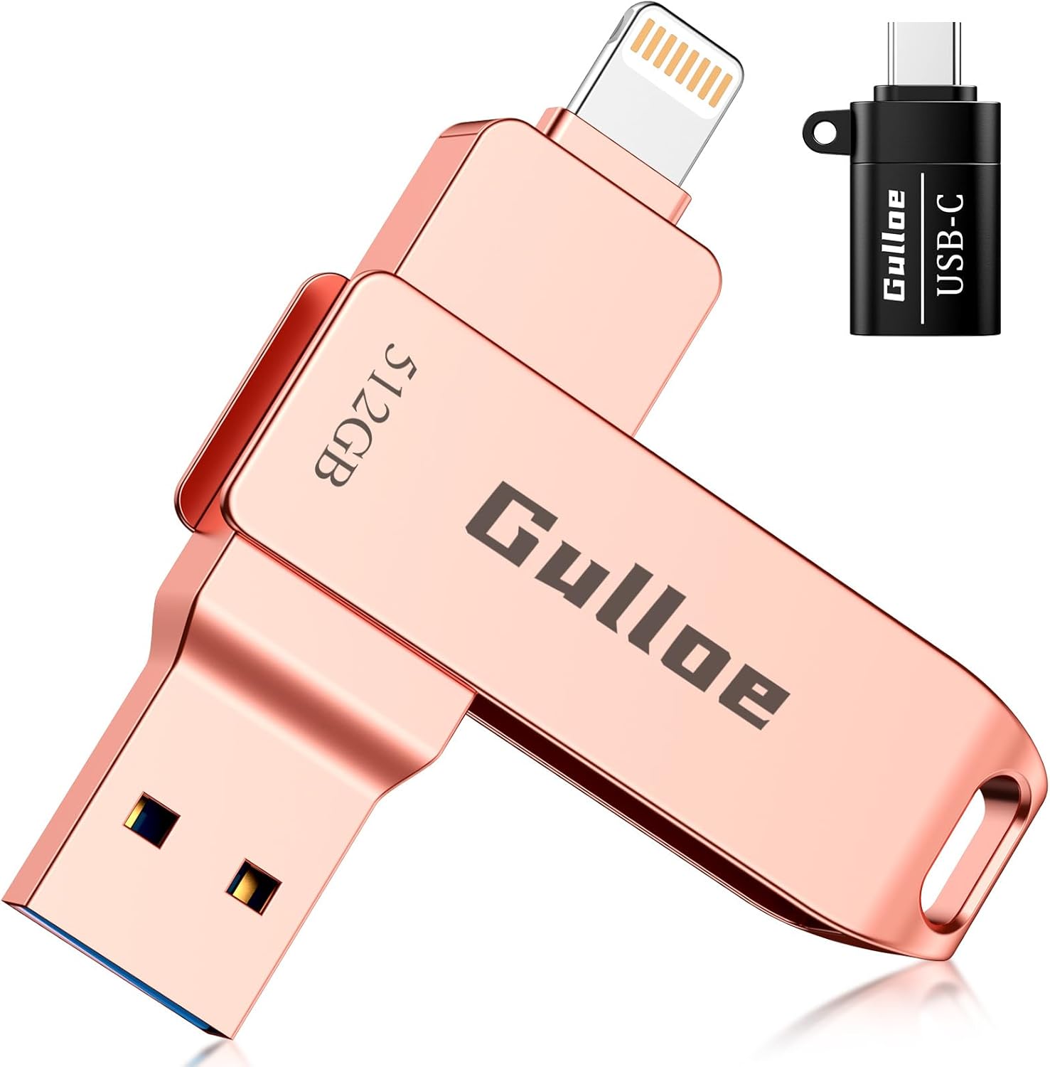 Gulloe 512GB USB Flash Drive Intended for iPhone, with OTG USB C Adapter for iPhone 15, Memory Stick Storage for Photos and Videos Backup, Compatible with iPhone iPad Android PC (Rose Gold)