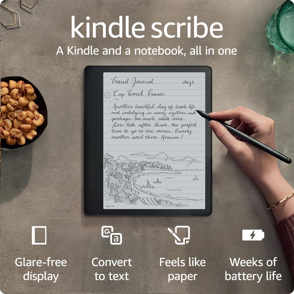 Amazon Kindle Scribe (16 GB) – 10.2” 300 ppi Paperwhite display, a Kindle and a notebook all in one, convert notes to text and share, includes Basic Pen