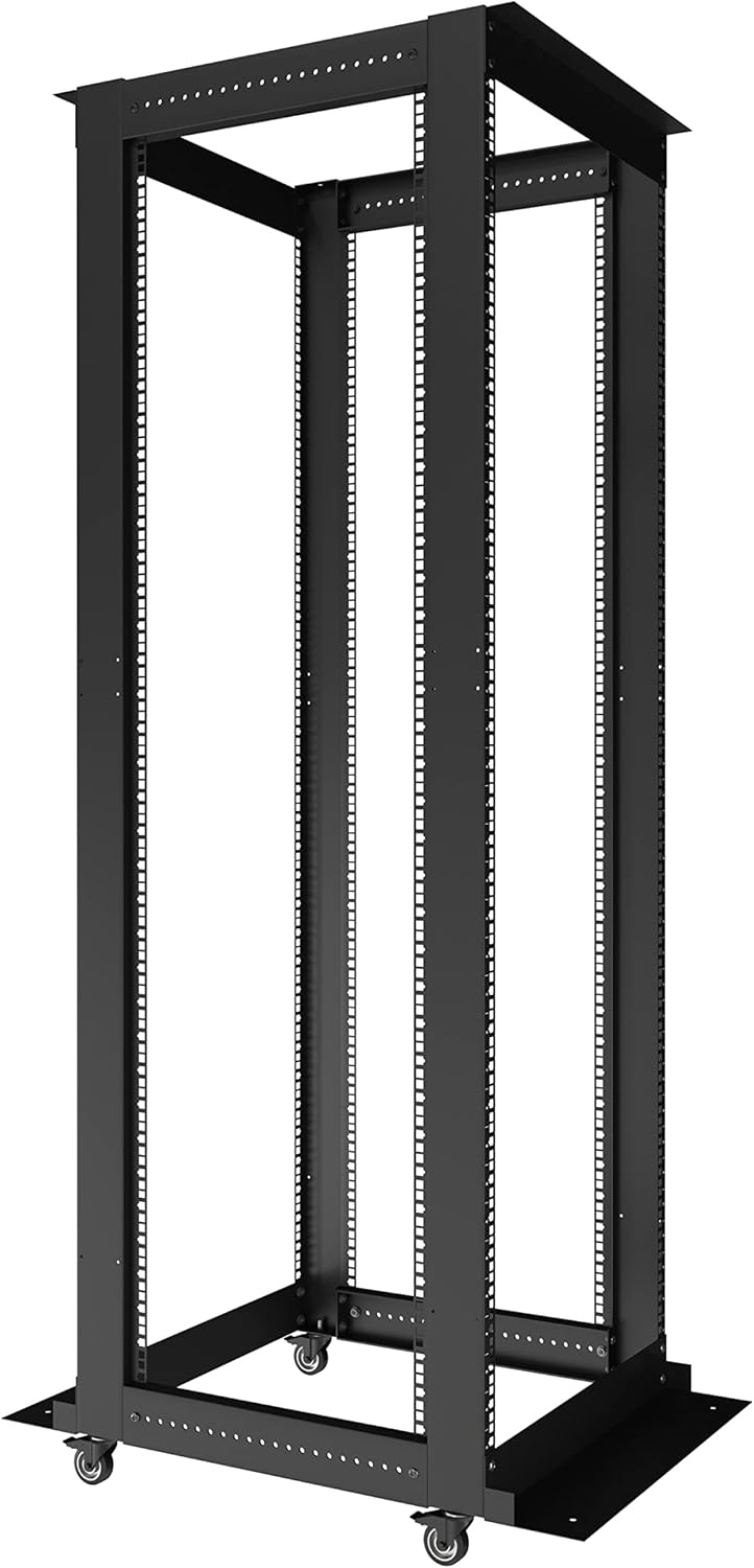 42U 4 Post AV Rack Open Frame Relay Cabinet – Rolling Server Enclosure on Wheels, Network Equipment Cabinet, Durable and Adjustable Server Rack for Data Centers and IT Rooms