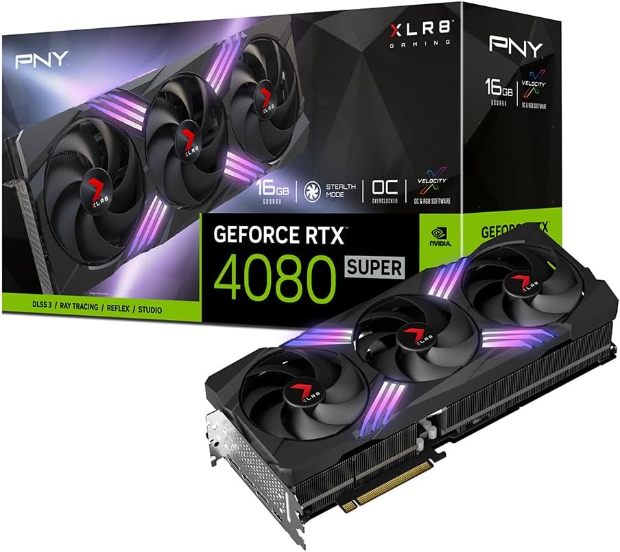 PNY GeForce RTX 4080 Super 16GB XLR8 Gaming Verto Epic-X RGB OC Triple Fan Graphics Card DLSS 3 (ARGB, 256-bit,PCIe 4.0, GDDR6X, HDMI/DisplayPort, incl. Adapter & Support Bracket, 3.5 Slot)