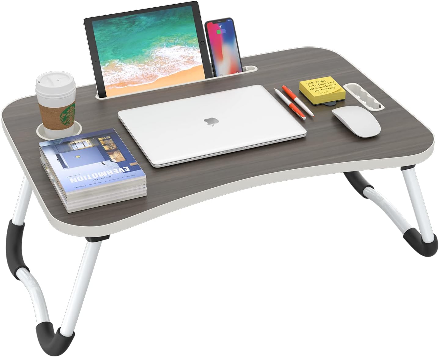 BUYIFY Folding Lap Desk, 23.6 Inch Portable Wood Black Laptop Bed Desk Lap Desk with Cup Holder, for Working Reading Writing, Eating, Watching Movies for Bed Sofa Couch Floor