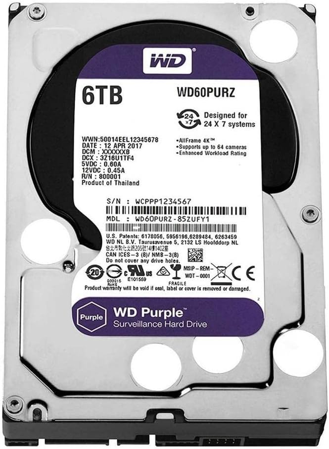 Western Digital 6TB WD Purple Surveillance Internal Hard Drive HDD – SATA 6 Gb/s, 64 MB Cache, 3.5″ – WD60PURZ