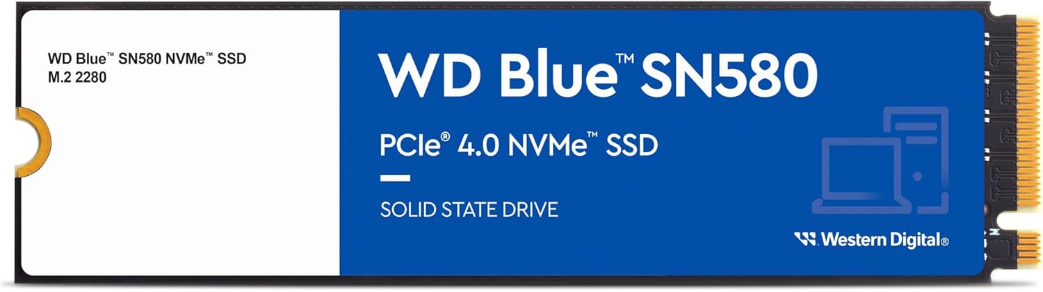 Western Digital 1TB WD Blue SN580 NVMe Internal Solid State Drive SSD – Gen4 x4 PCIe 16Gb/s, M.2 2280, Up to 4,150 MB/s – WDS100T3B0E