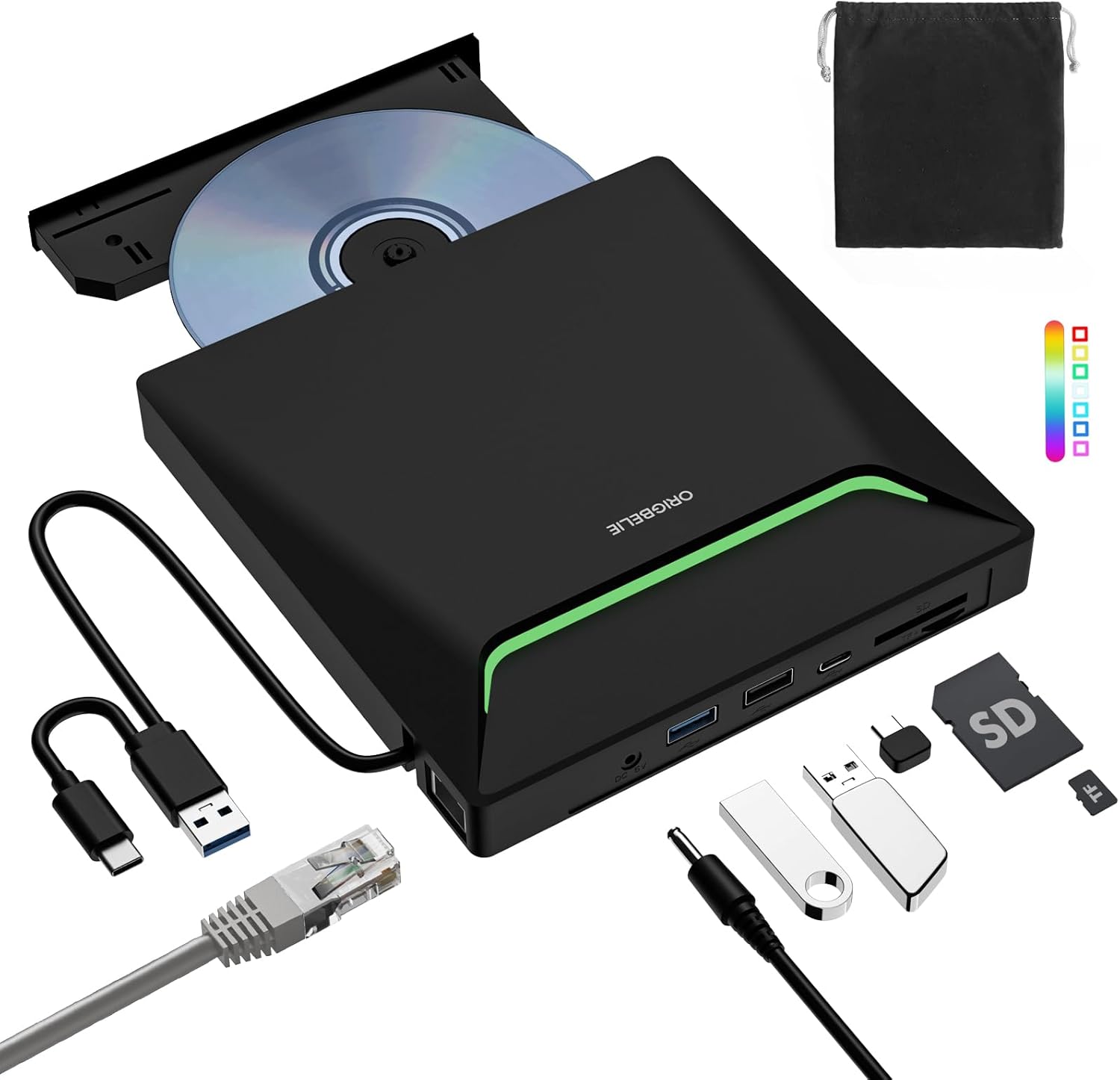 Newest External CD DVD Drive, Cool DVD Burner USB 3.0 with Ethernet Adapter, 3 USB and 2 TF/SD Card Ports, CD DVD Player Reader Writer Optical Disc Drive for Laptop MacBook PC Windows Linux Mac OS