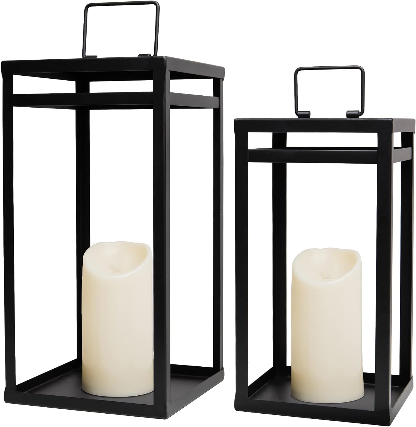 HPC Decor Black Metal Candle Lanterns Set of 2- Lanterns Decorative w/ LED Timer Candles- 15.8” & 12.6” Chunky Modern Farmhouse Lantern Decor for Indoor,Outdoor,Fireplace,Porch (No Glass)