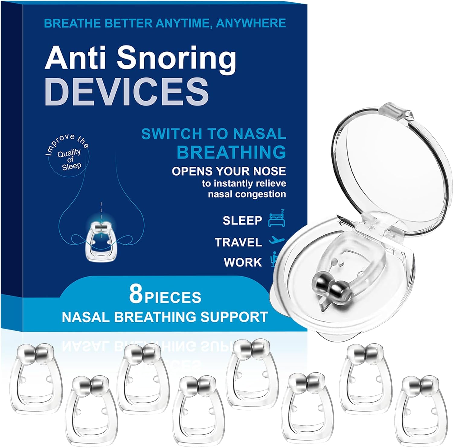 Anti Snoring Devices, Silicone Magnetic Snoring Nose Clip for Sleeping with Adjustable, Effective Sleep Apnea Devices, Snoring Solution for All Genders, Stop Snoring Aids to Ensure Deep Sleep, 8PCS