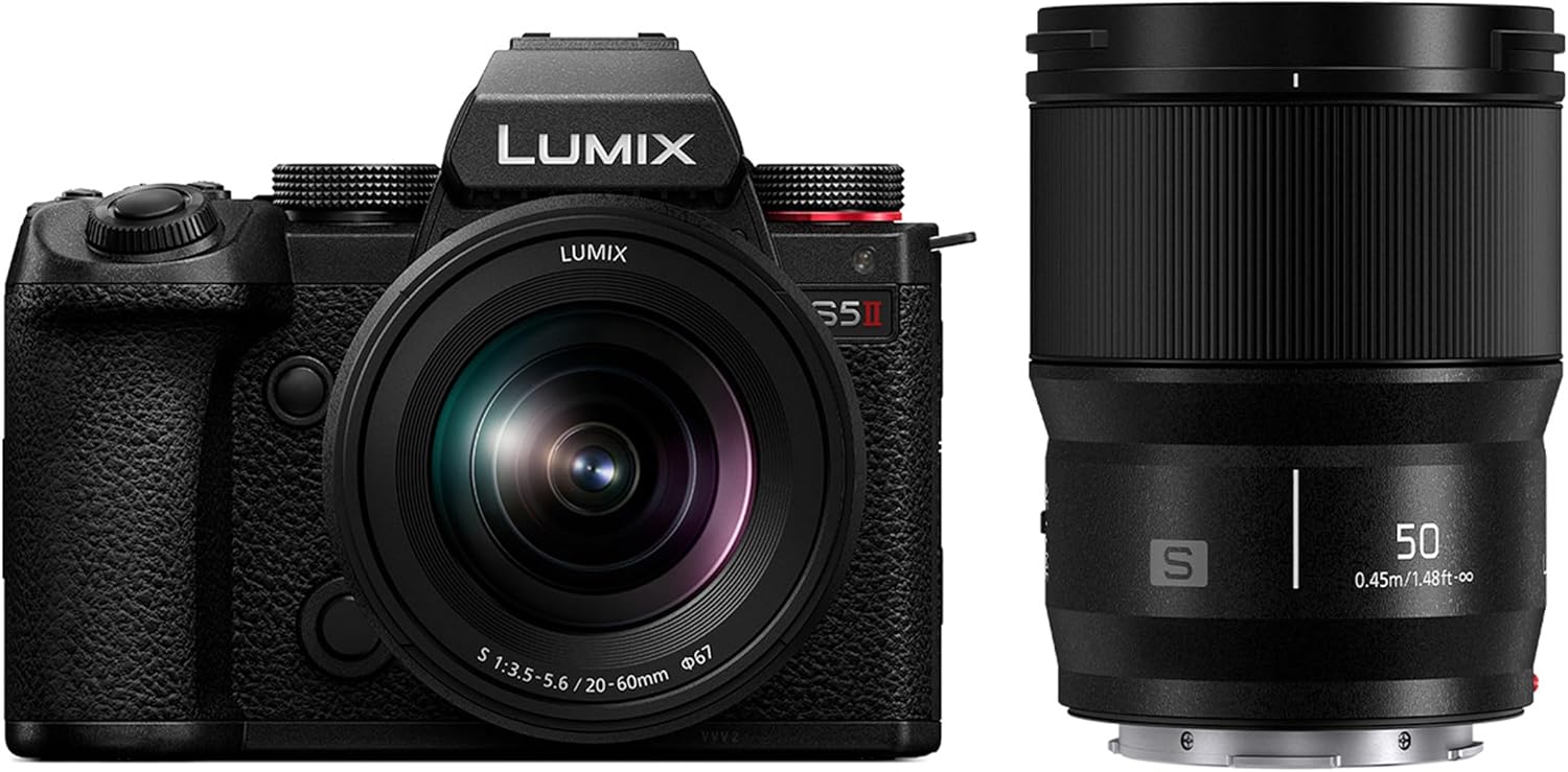 Panasonic LUMIX S5II Mirrorless Camera, 24.2MP Full Frame with Phase Hybrid AF, Active I.S. Technology, Unlimited Recording with 20-60mm F3.5-5.6 and 50mm F1.8 L Mount Lenses – DC-S5M2WK