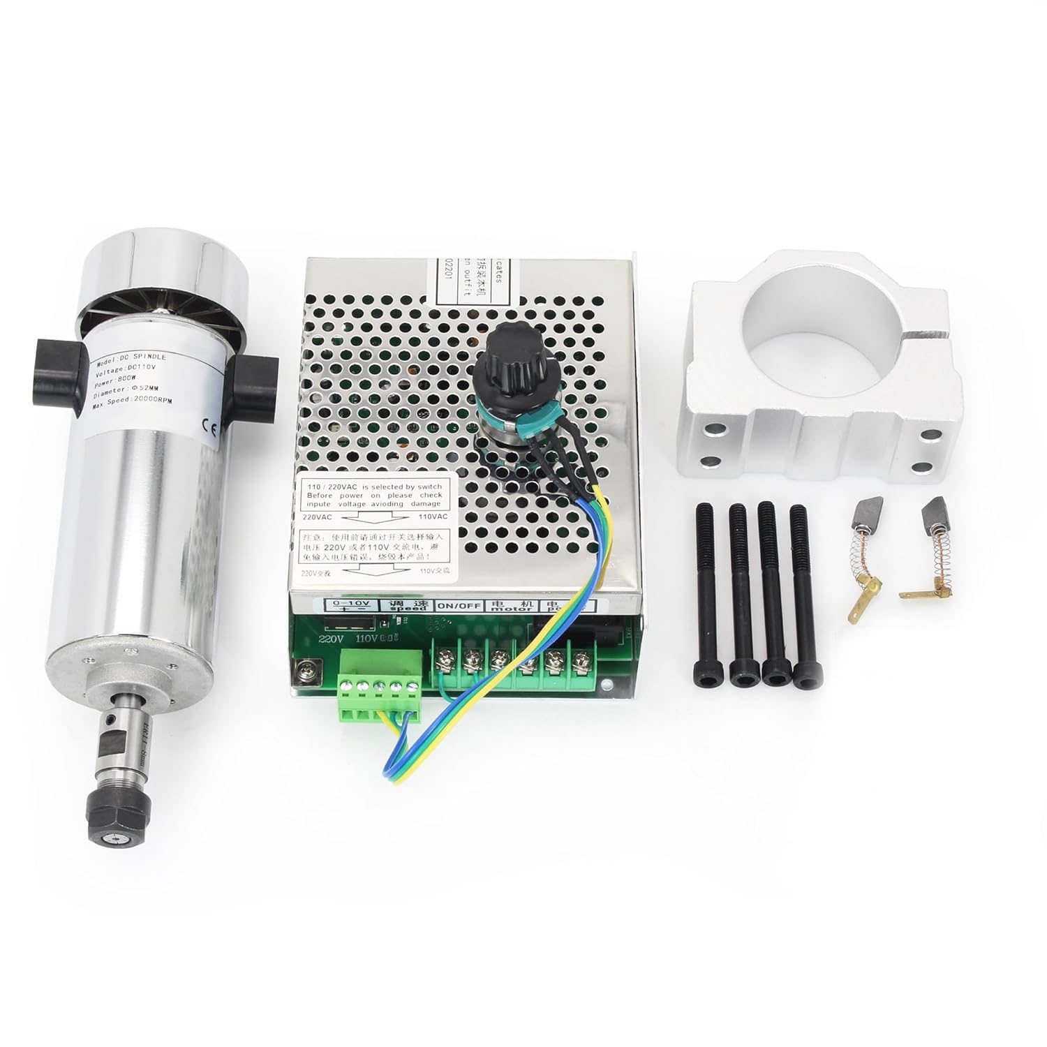 800W Spindle Motor Kit, RATTMMOTOR 0.8KW 110V CNC Air Cooled Spindle Motor 52mm ER16 20000RPM+Mach3 Speed Controller Governor with Power Supply AC110V-220V+Spindle Mount Clamp for CNC Router Machine