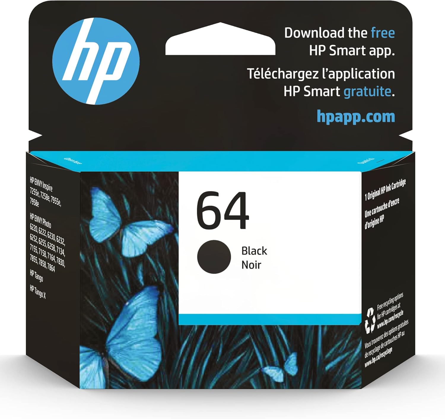 HP 64 Black Ink Cartridge | Works with HP ENVY Inspire 7950e; ENVY Photo 6200, 7100, 7800; Tango Series | Eligible for Instant Ink | N9J90AN