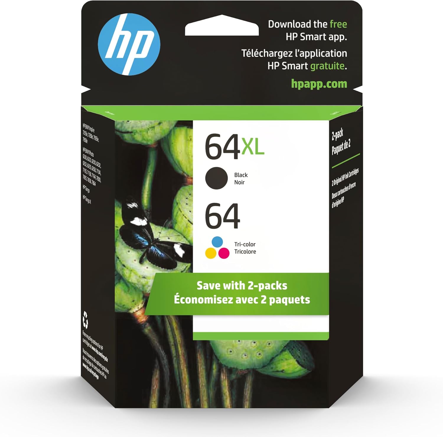 Original HP 64 Tri-color / 64XL Black Ink Cartridges (2-Pack) | Works with HP ENVY Inspire 7250e, 7950e Series; HP ENVY Photo 6200, 7100, 7800 Series