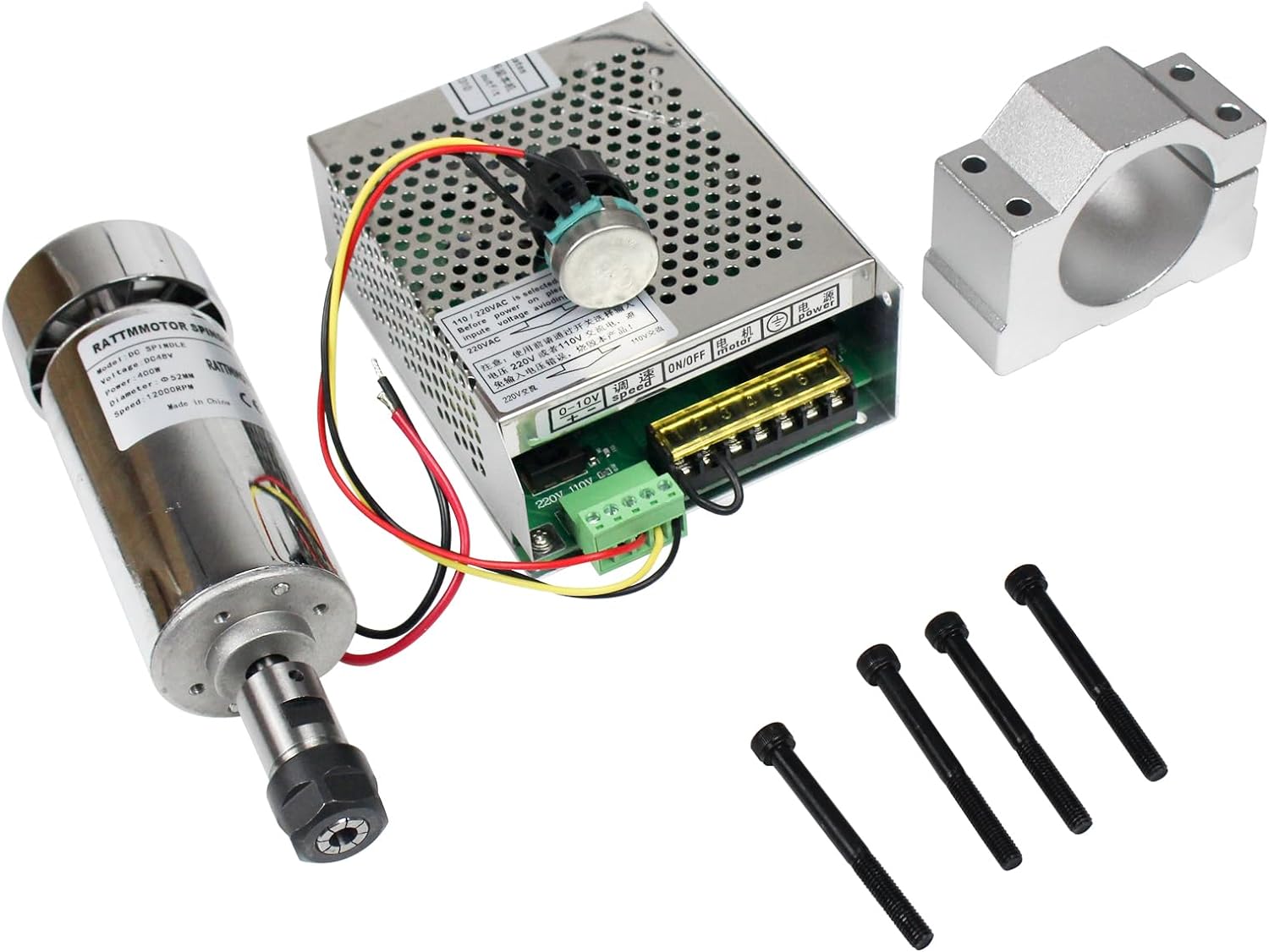 RATTMMOTOR CNC Spindle Motor Kit, 400W ER16 Air Cooled Spindle Motor 52mm 12-48V DC 12000RPM+Spindle Speed Power Converter AC110V/220V with Mach3 Fuction+52mm Spindle Mount for CNC Router