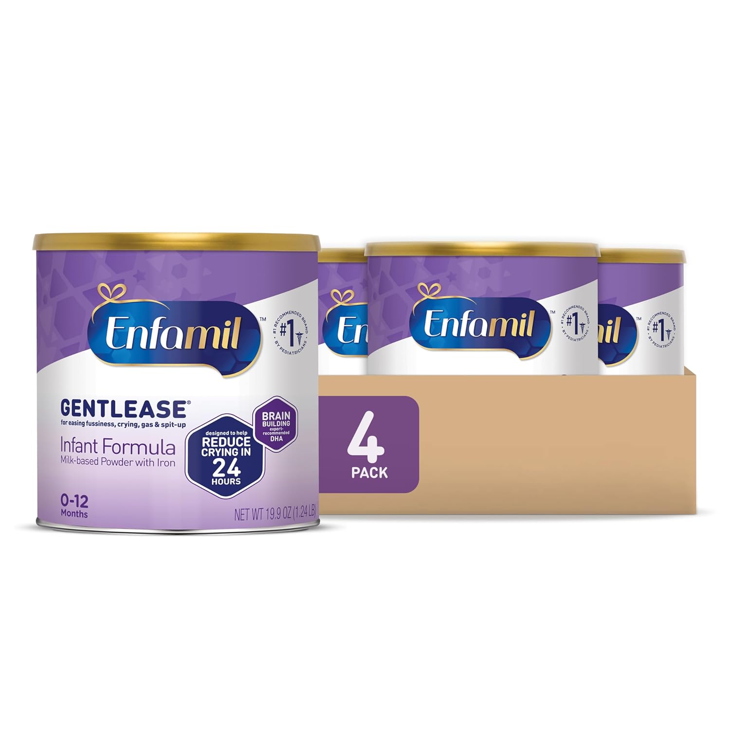 Enfamil Gentlease Baby Formula, Clinically Proven to Reduce Fussiness, Crying, Gas & Spit-up in 24 hours, Brain-Building Omega-3 DHA & Choline, Infant Formula Powder, Baby Milk, 19.9 Oz Can, 4 Count